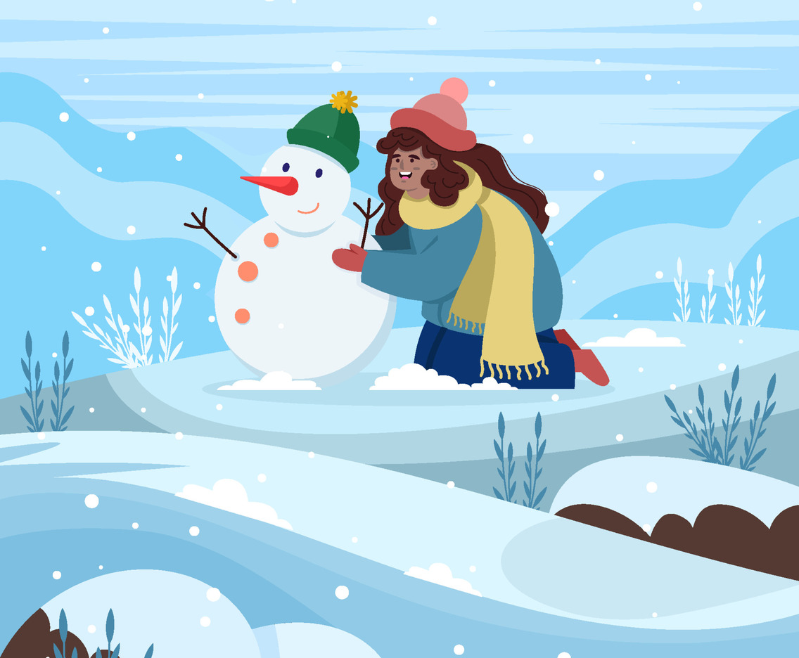 Woman Happy Making Snowman On Snowy Hill Concept