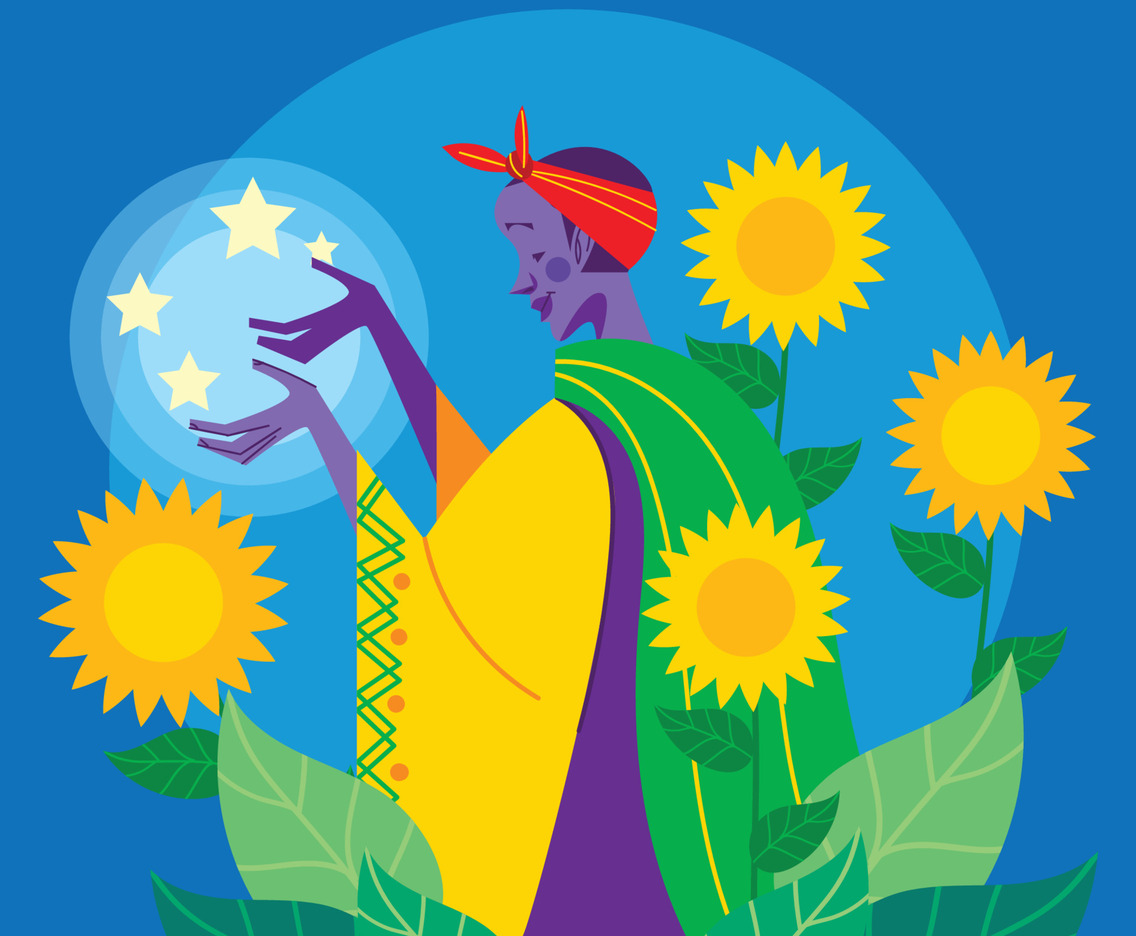 African Woman with Sunflowers and Stars in Her Hands