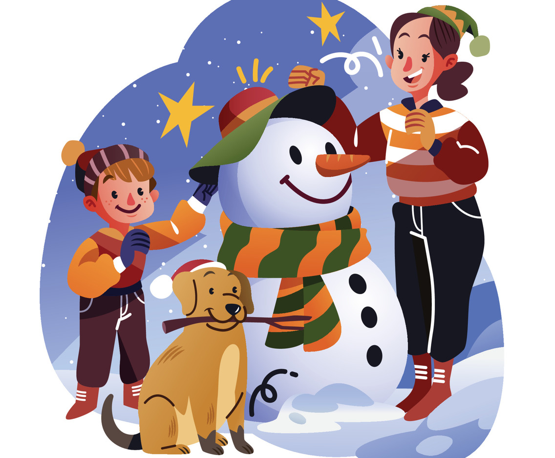 Brother And Sister With Their Dog Are Making a Snowman