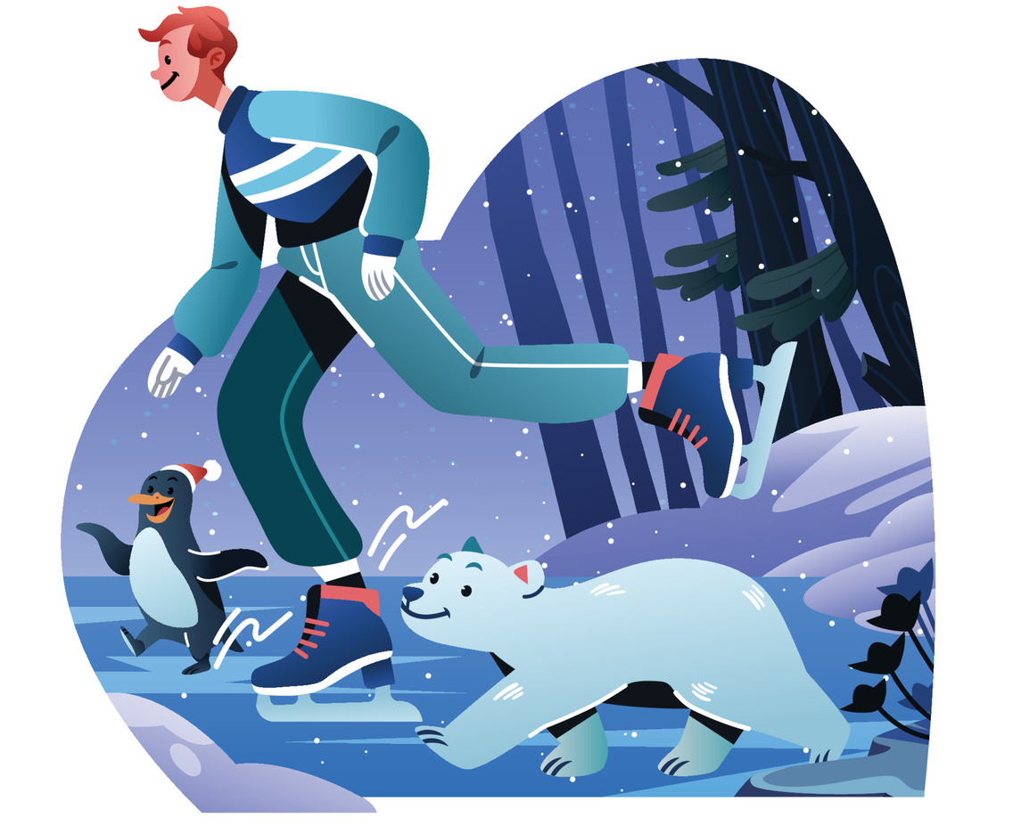 A Man With A Penguin And A Polar Bear Skating In Winter