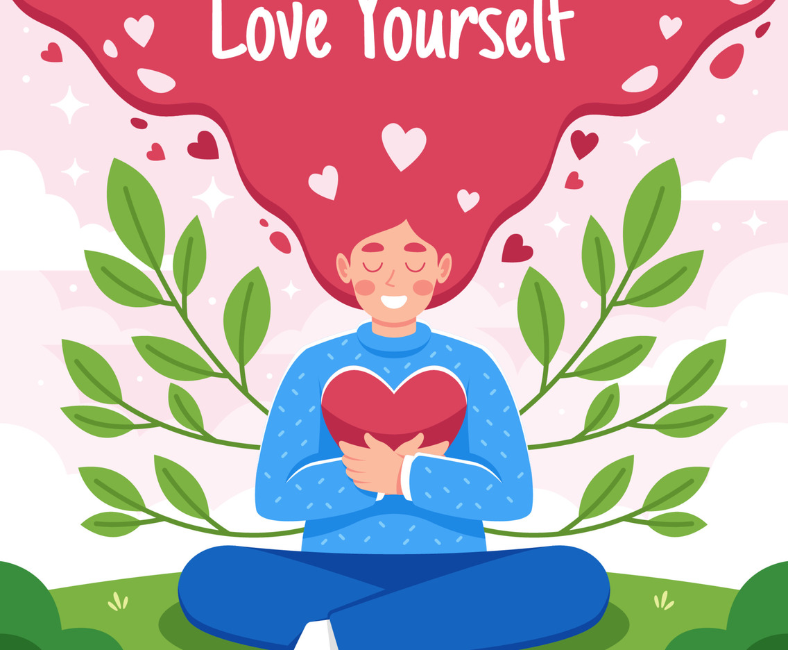 Love Yourself Concept with a Woman Character Holds a Heart