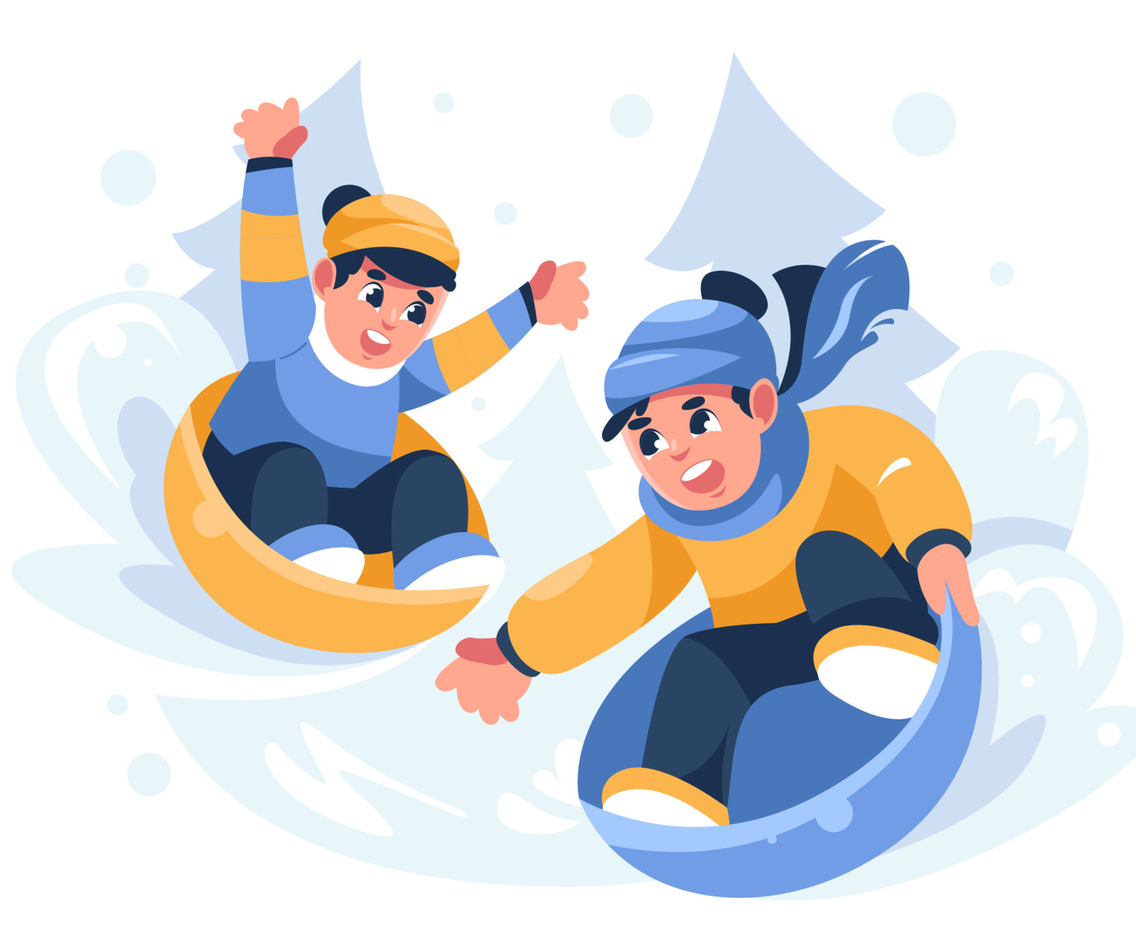 Kids Playing Snow Slides In Winter
