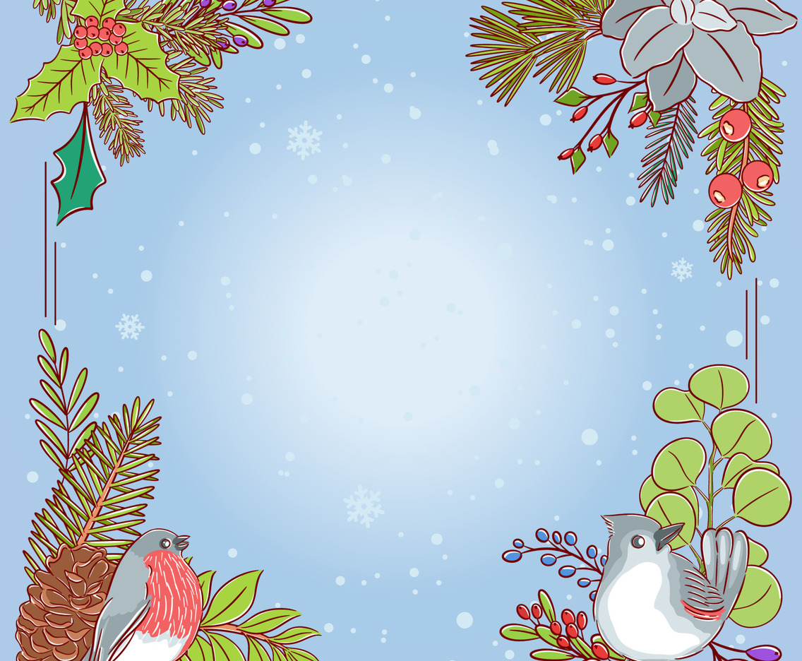 Winter Snowflakes, Floral and Animal Background Border