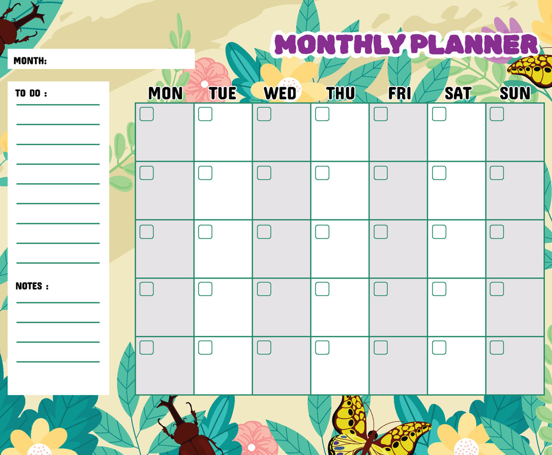 Monthly Planner Floral and Insect Themed