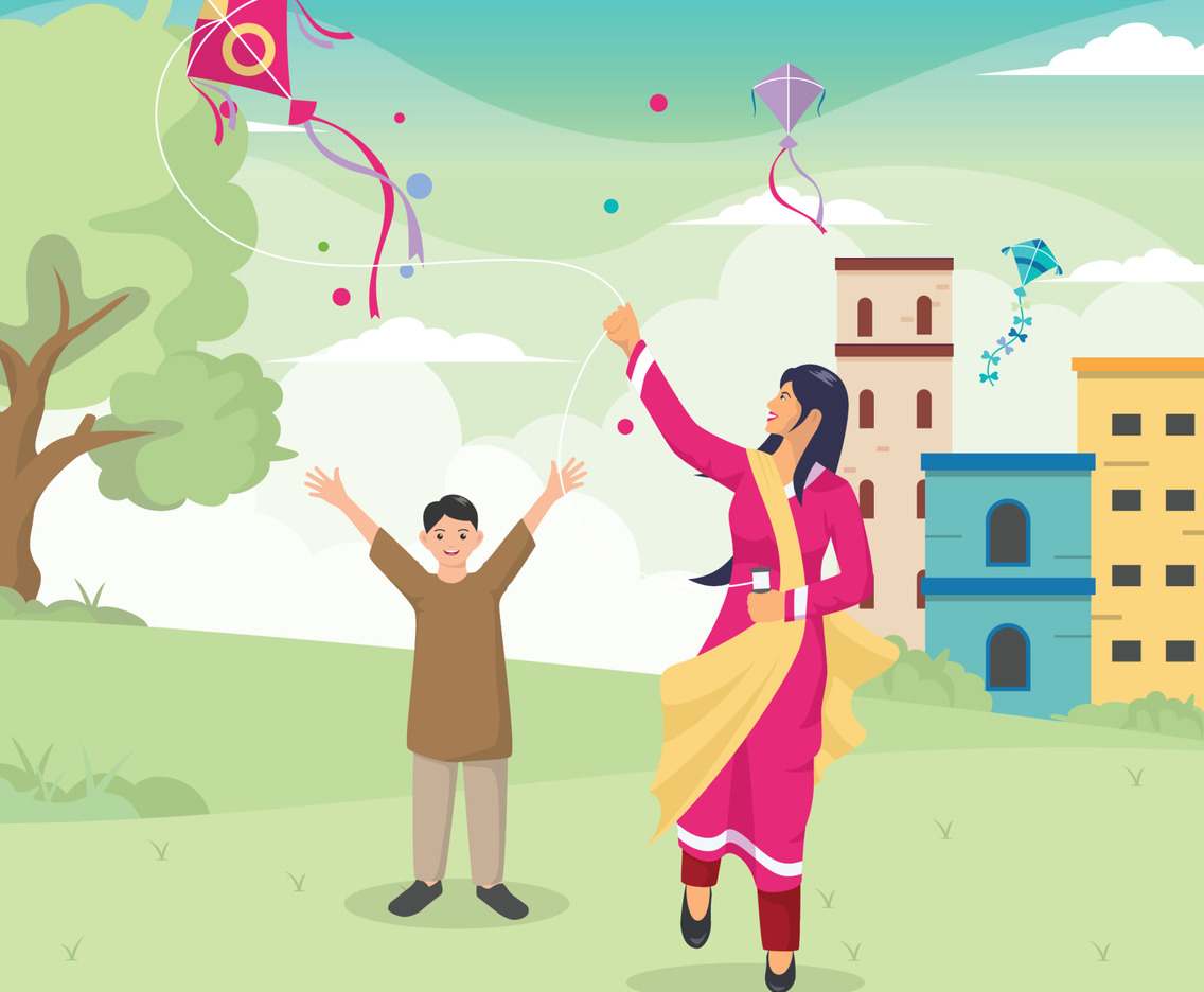Mother and Son Play Kite on Makar Sankranti Festival