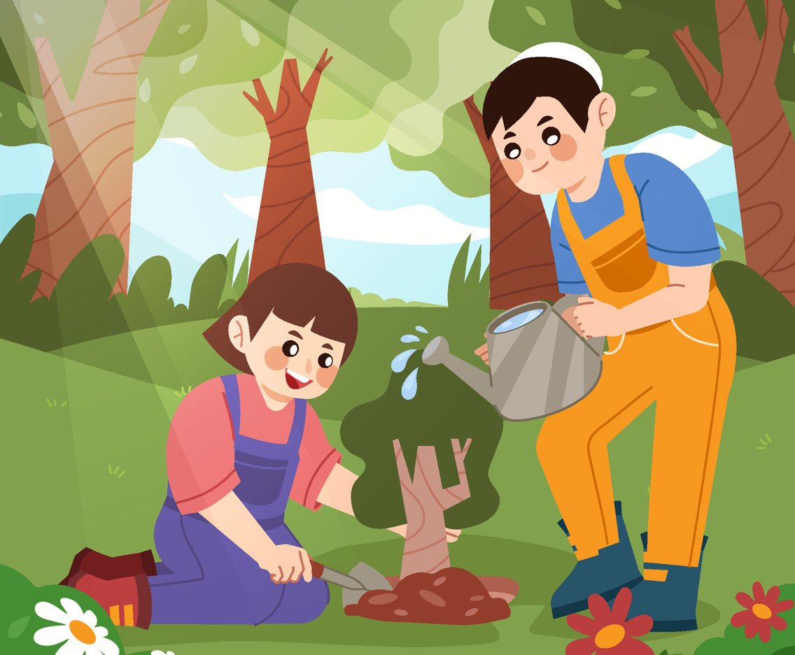 Happy Kids Planting Tree at Tu Bishvat Celebration