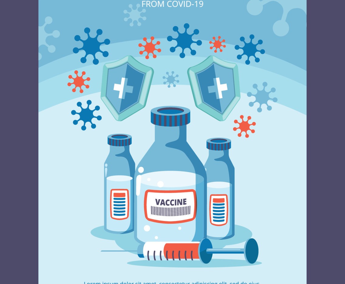 Covid-19 Vaccine Poster with Shield, Medicine Bottle, and Syringe