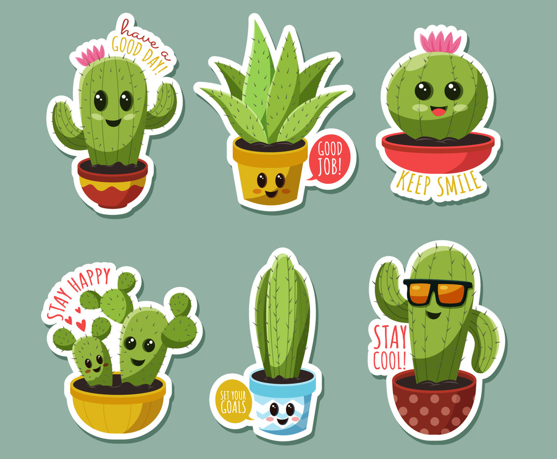 Cactus And Succulent Cartoon Stickers Set for Journal Template