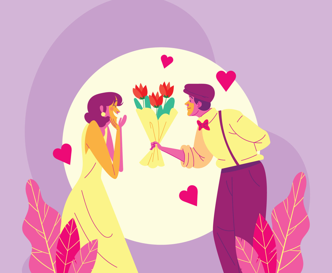 Romantic Man Giving Flowers into His Beloved Girl