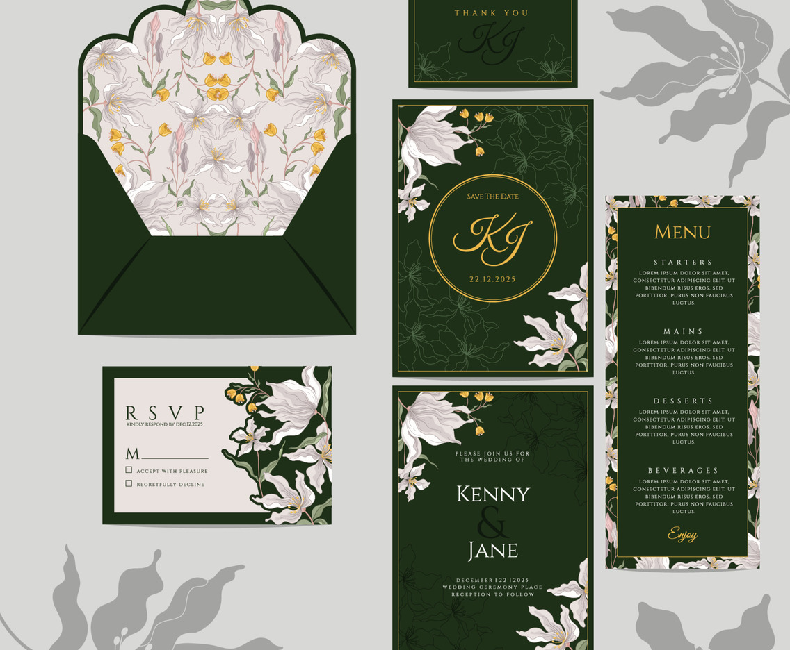 Set of Elegant Floral Wedding Invitation Template