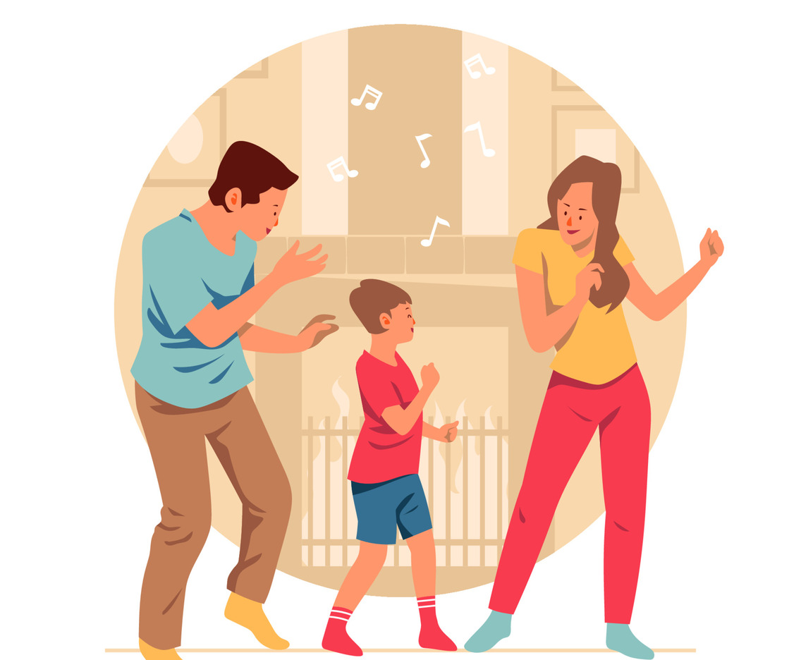 Family Dancing in Front of Fire Place