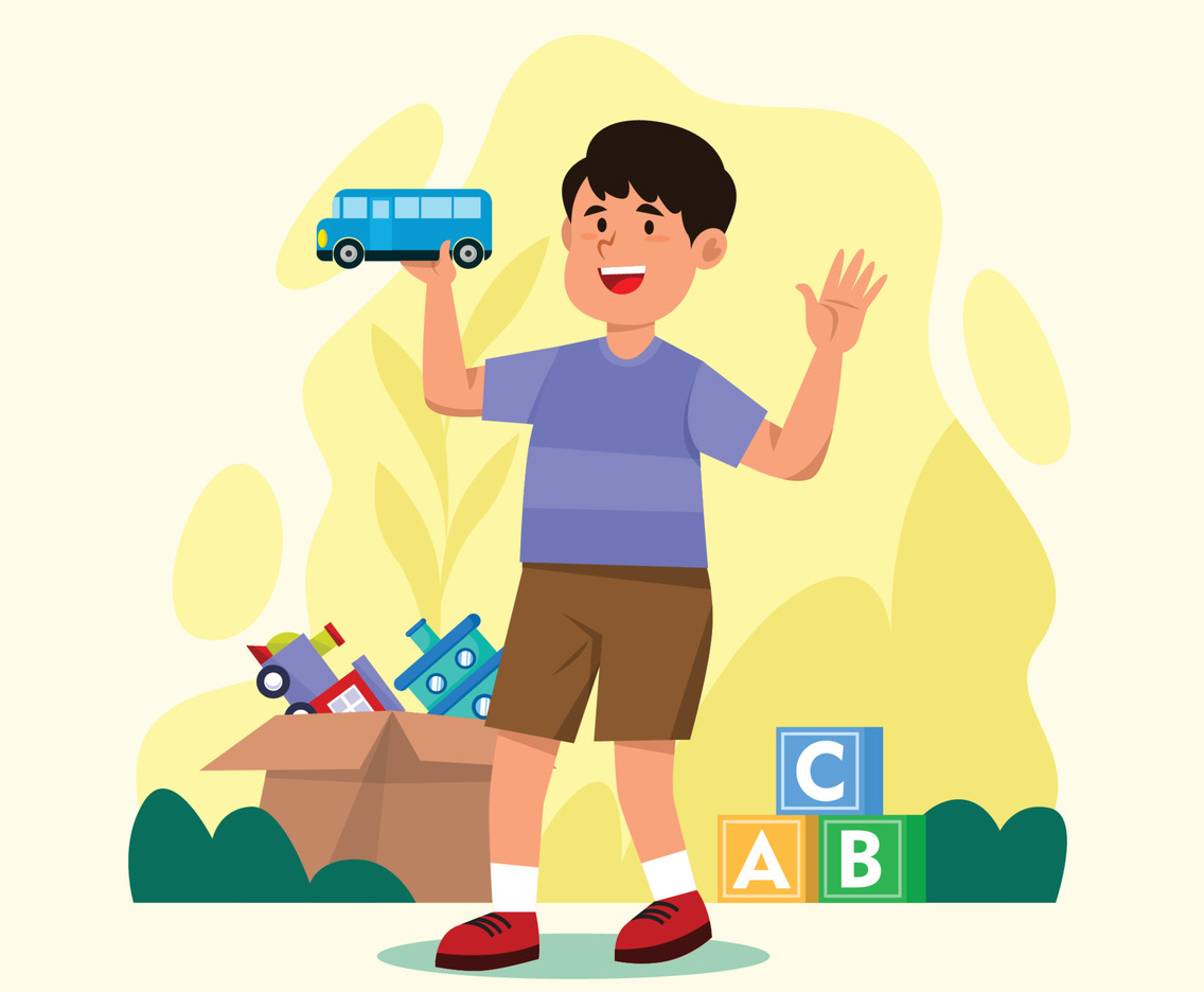 A Kid Playing with Toy Bus
