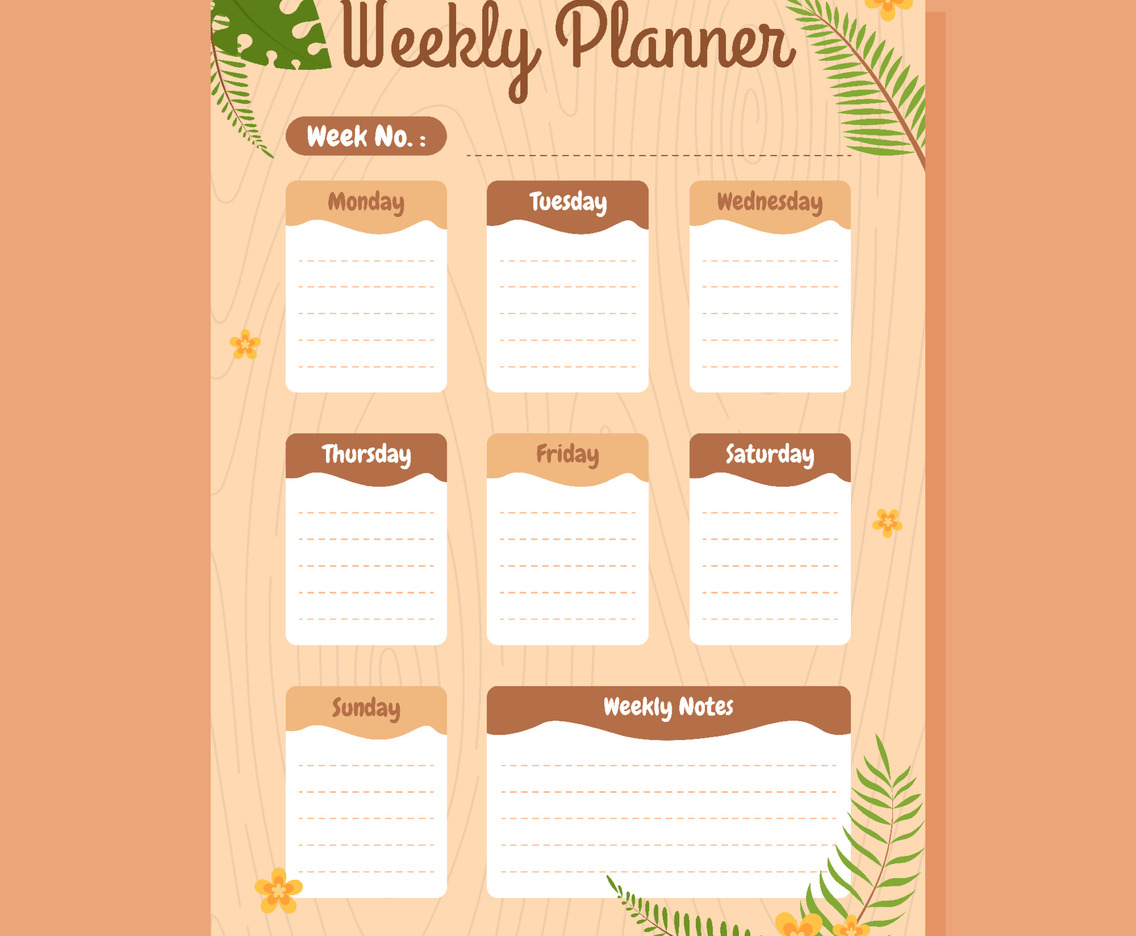 Natural Wood Surface with Plants Weekly Planner Calendar Template