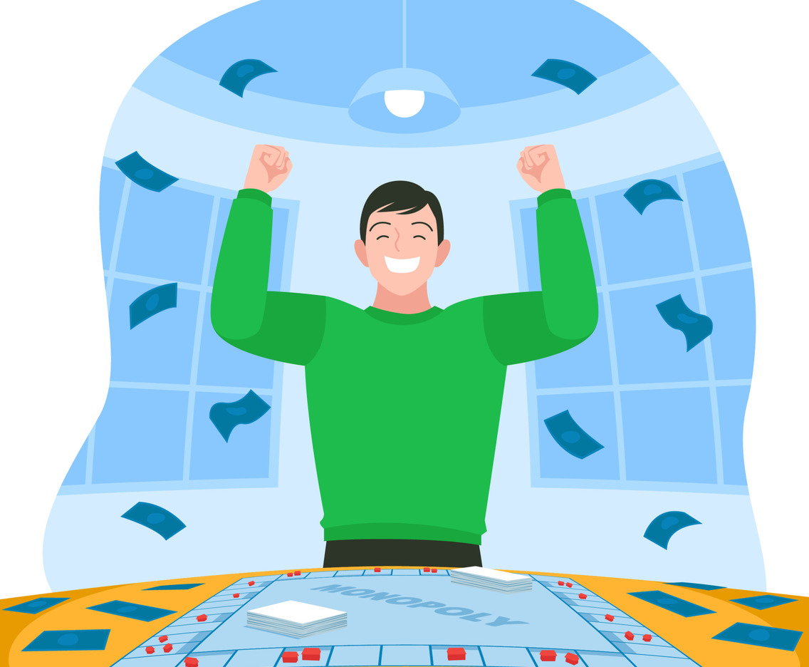 Young Man Excited Winning the Monopoly Games
