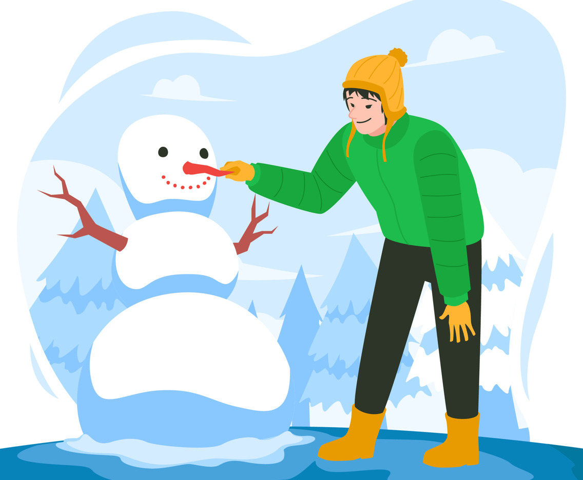 Young Man Makes A Cute Snowman