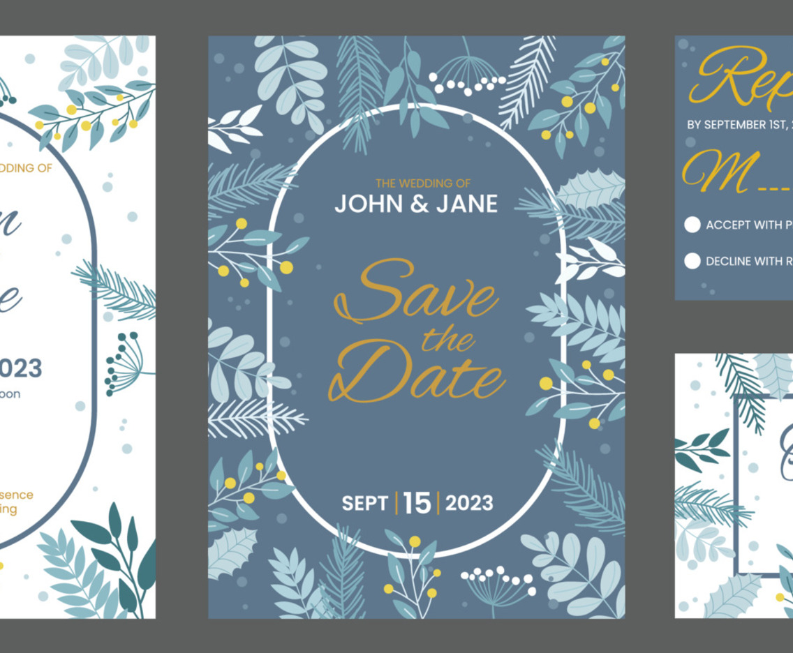 Cold Blue Floral Wedding Invitation Set