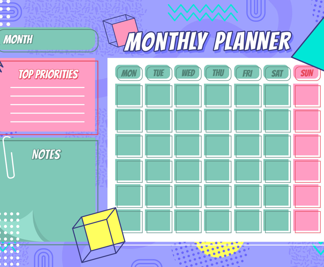 Monthly Planner Calendar Template Memphis Style