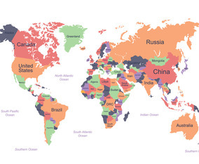 World Map with Countries Name and Different Color