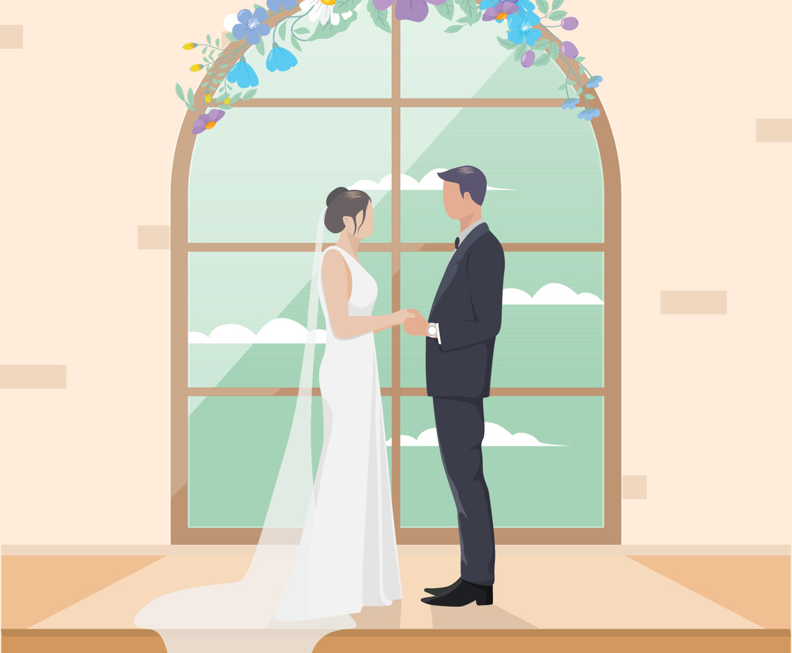 Wedding Ceremony with Groom and Bride on Altar