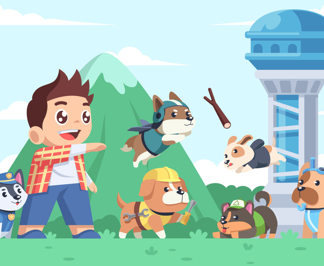 Boy Playing with Group of Dogs