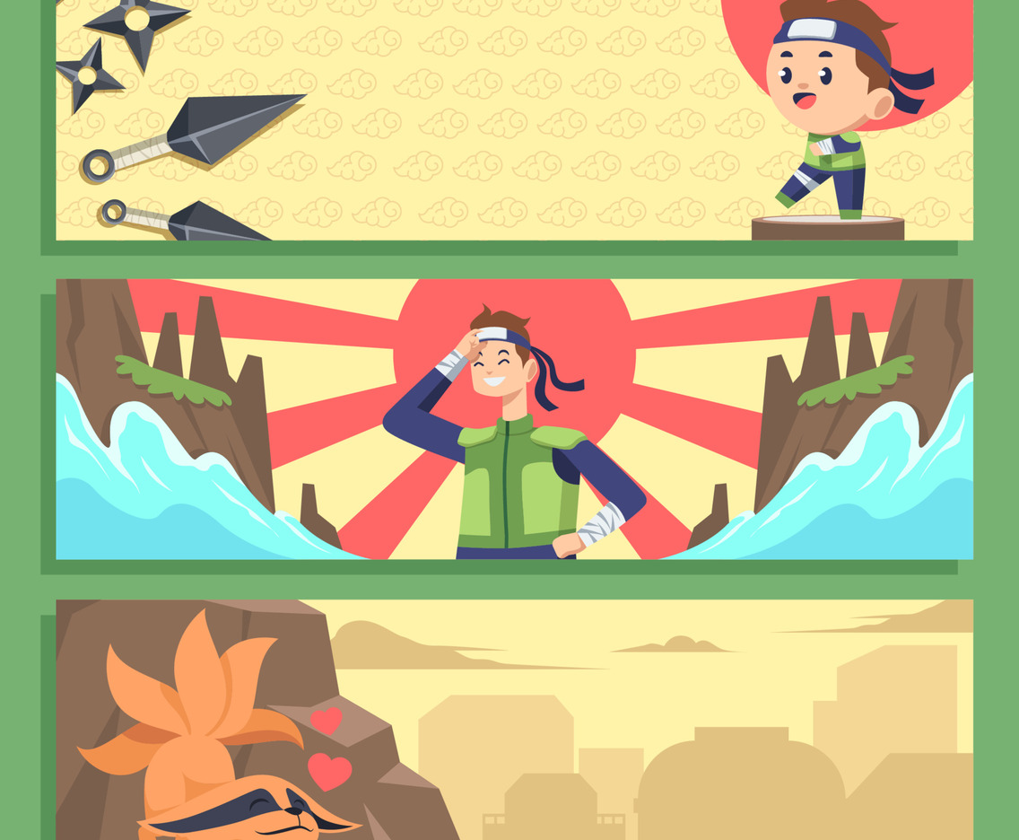 Ninja with Headband in Cartoon Style Banner Set