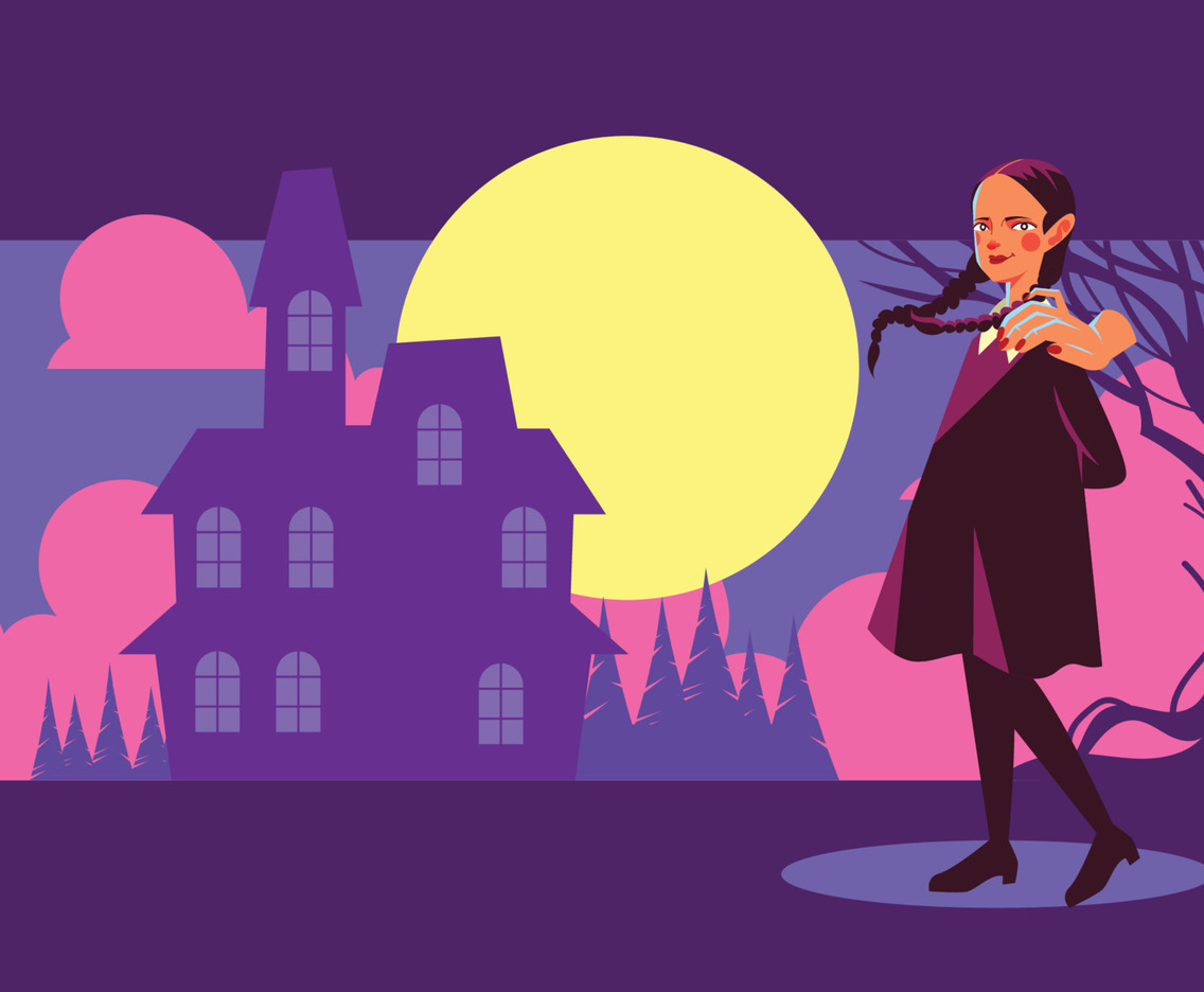 Girl Standing In Front of Haunted House Background