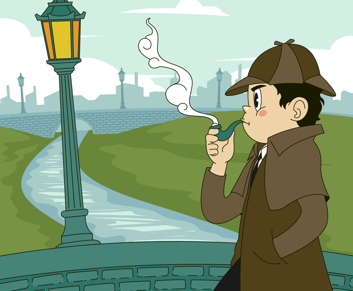 Young Detectives are Looking for Clues on the Bridge with his Favorite Tobacco Pipe