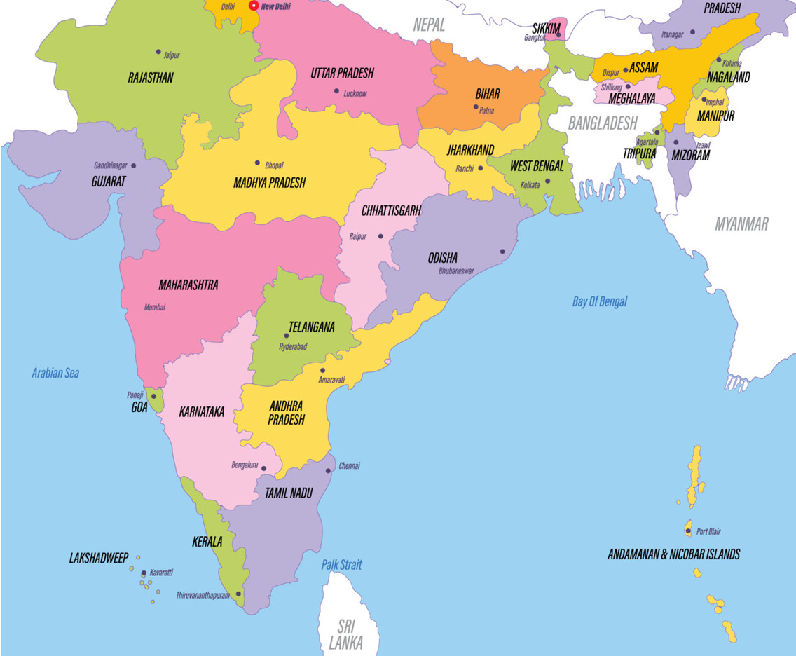 Map of India and Surrounding Borders