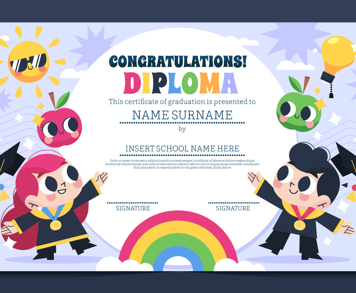 Graduation Children Certificate With Cute Cartoon Template