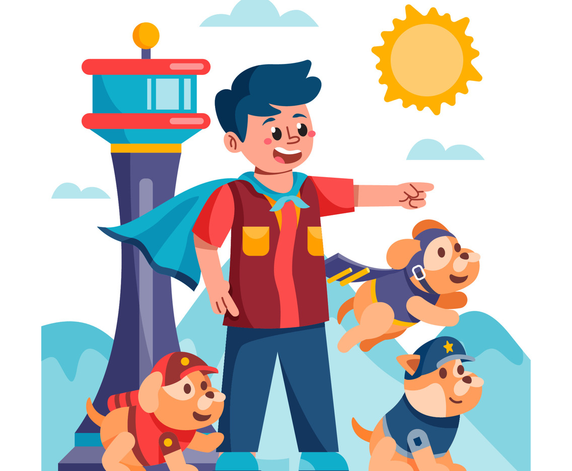 Little Hero Playing with Group of Dogs