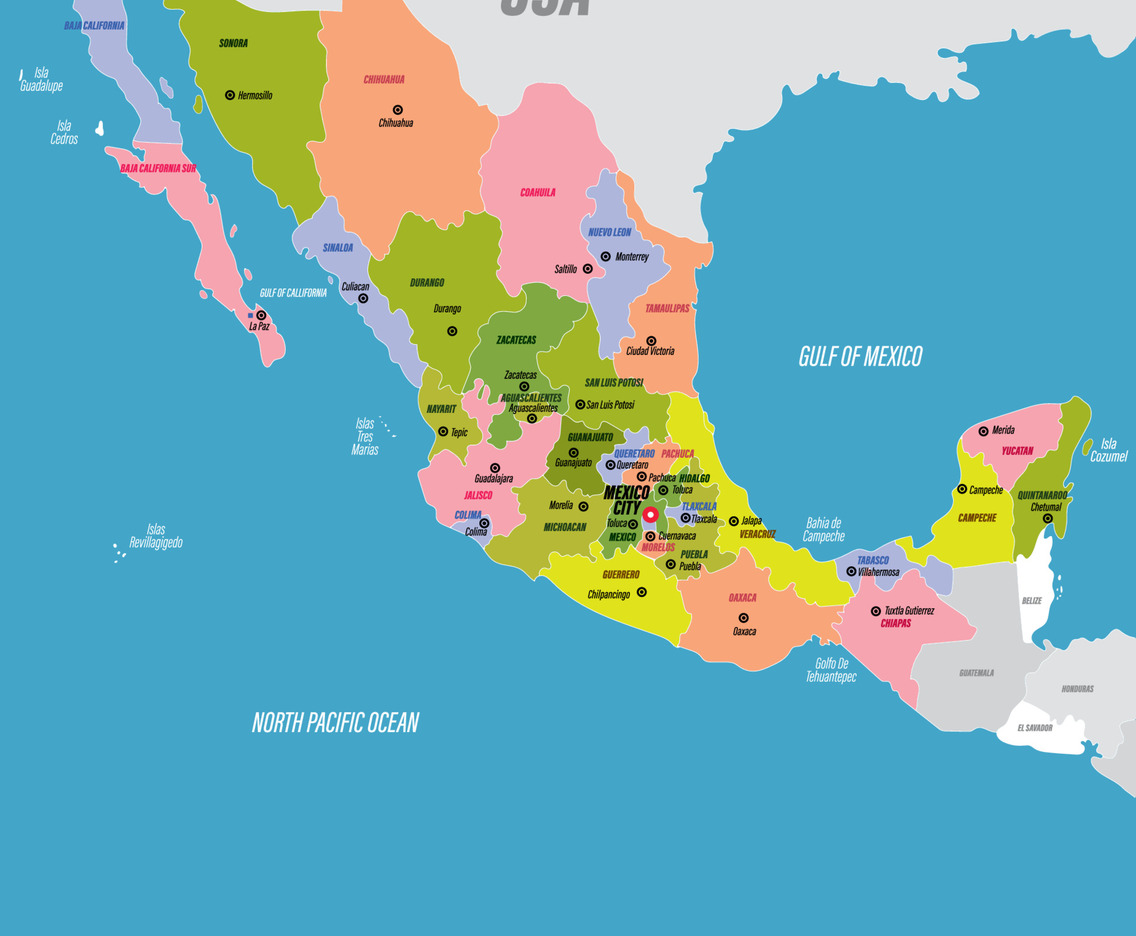 Map of Mexico with Surrounding Borders