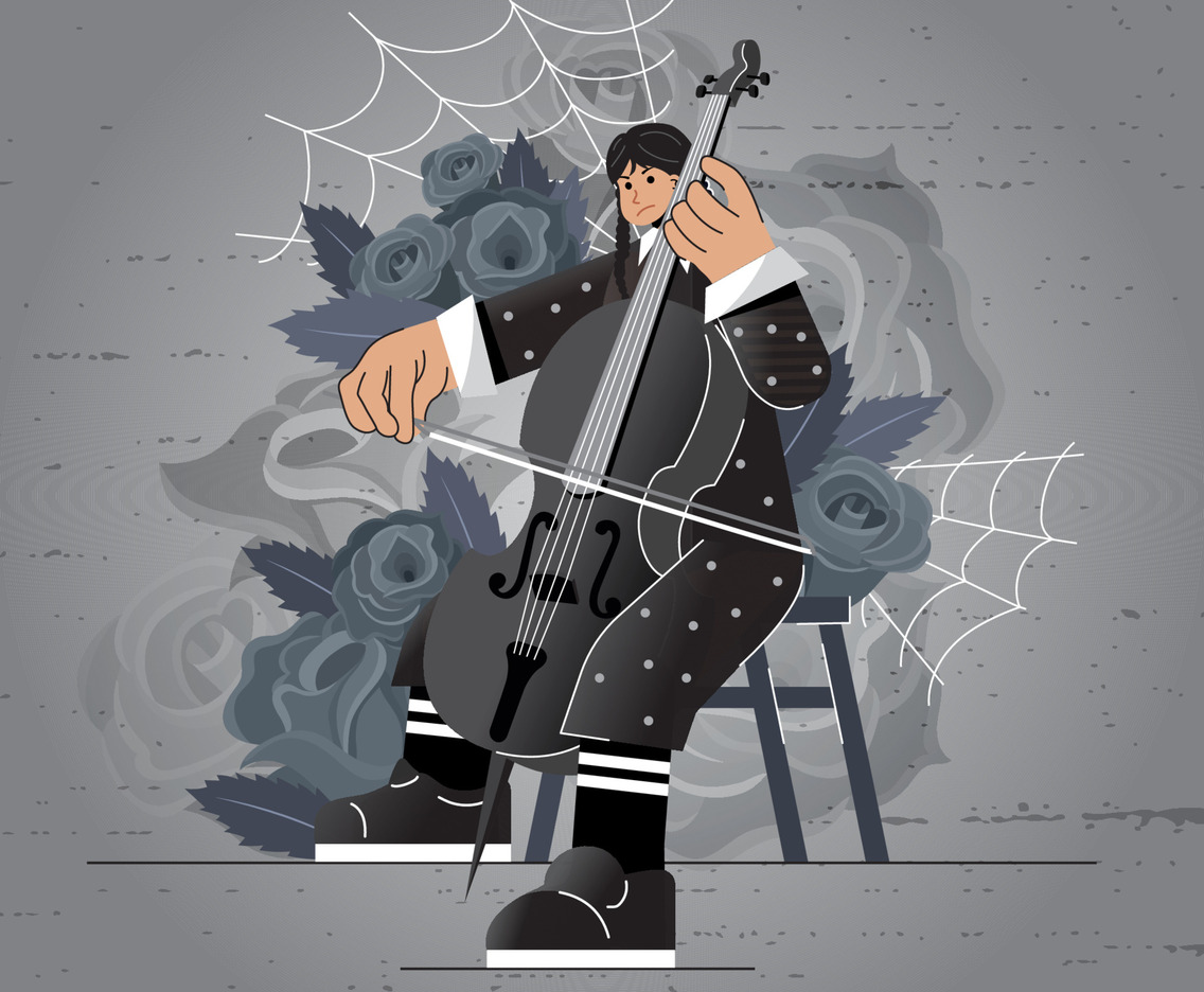 A Girl Playing Cello in Black Costume with Rose Background