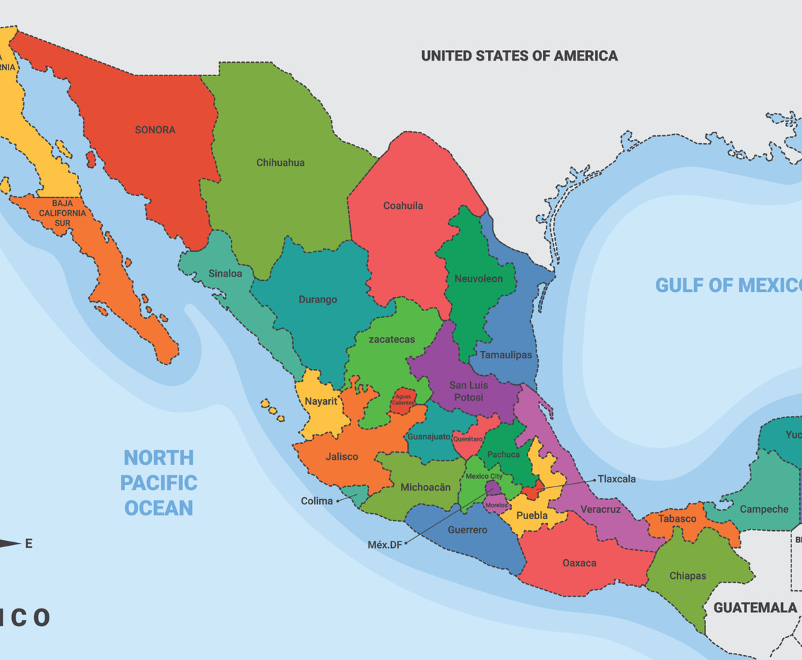 Mexico Country Map with Surrounding Borders
