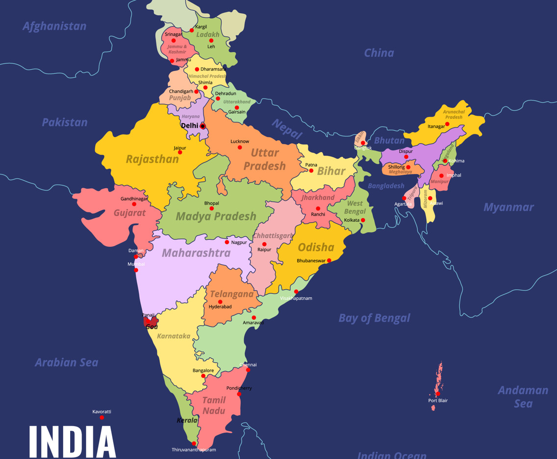 Map of India with Surrounding Borders