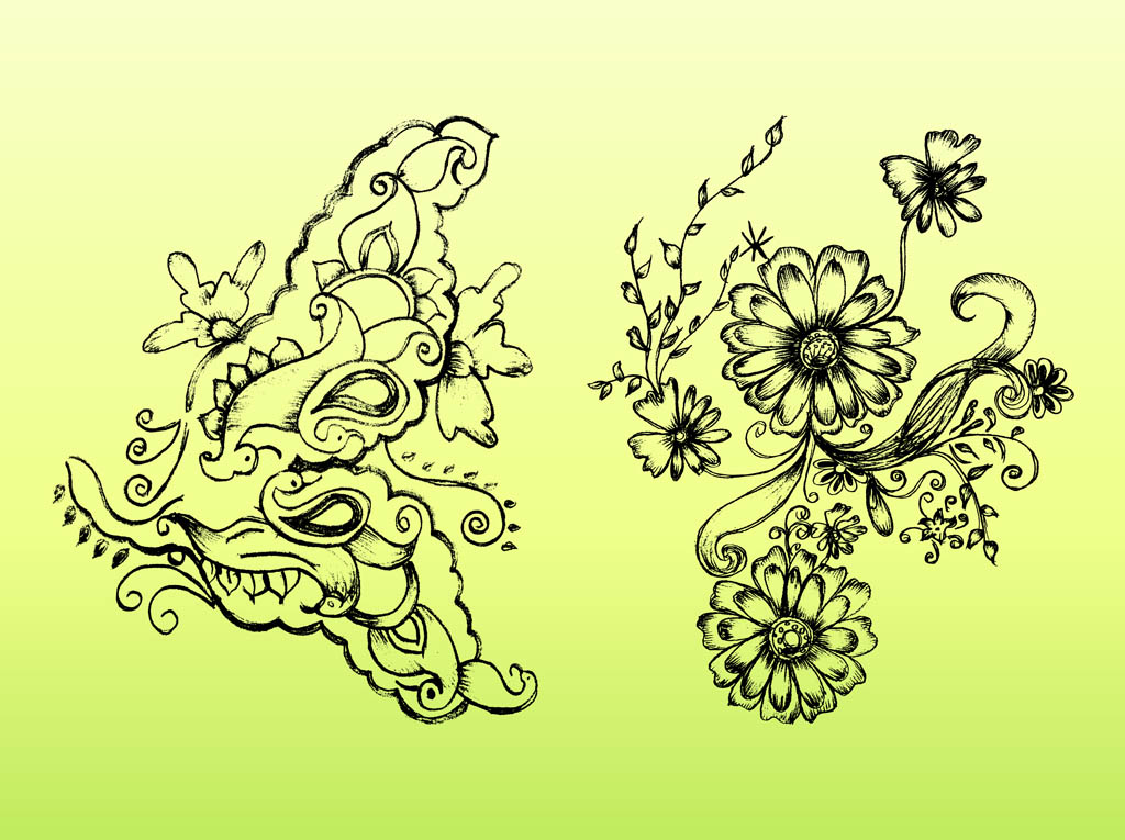Retro Flower Drawings