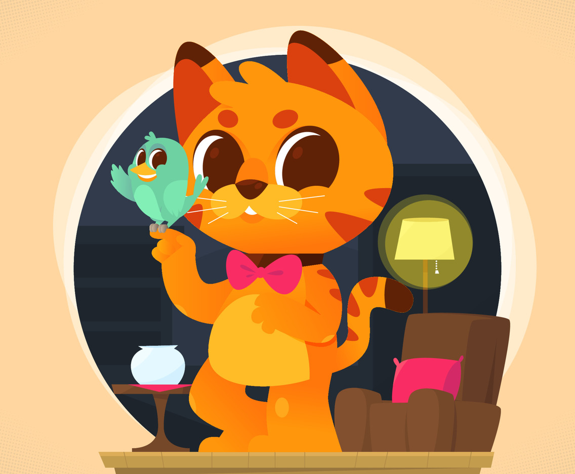 Cute Orange Cat Be Friends With The Bird