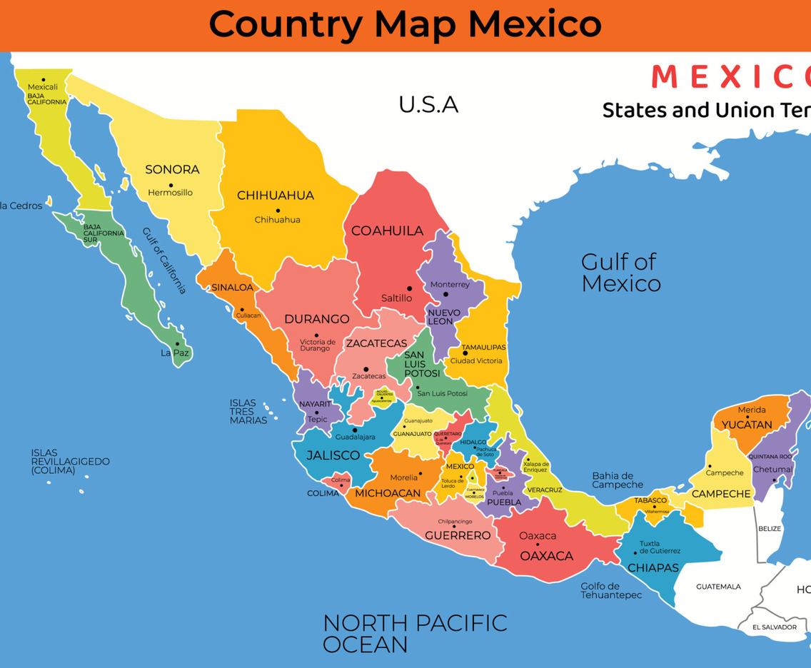 Map of Mexico with Srrounding Borders