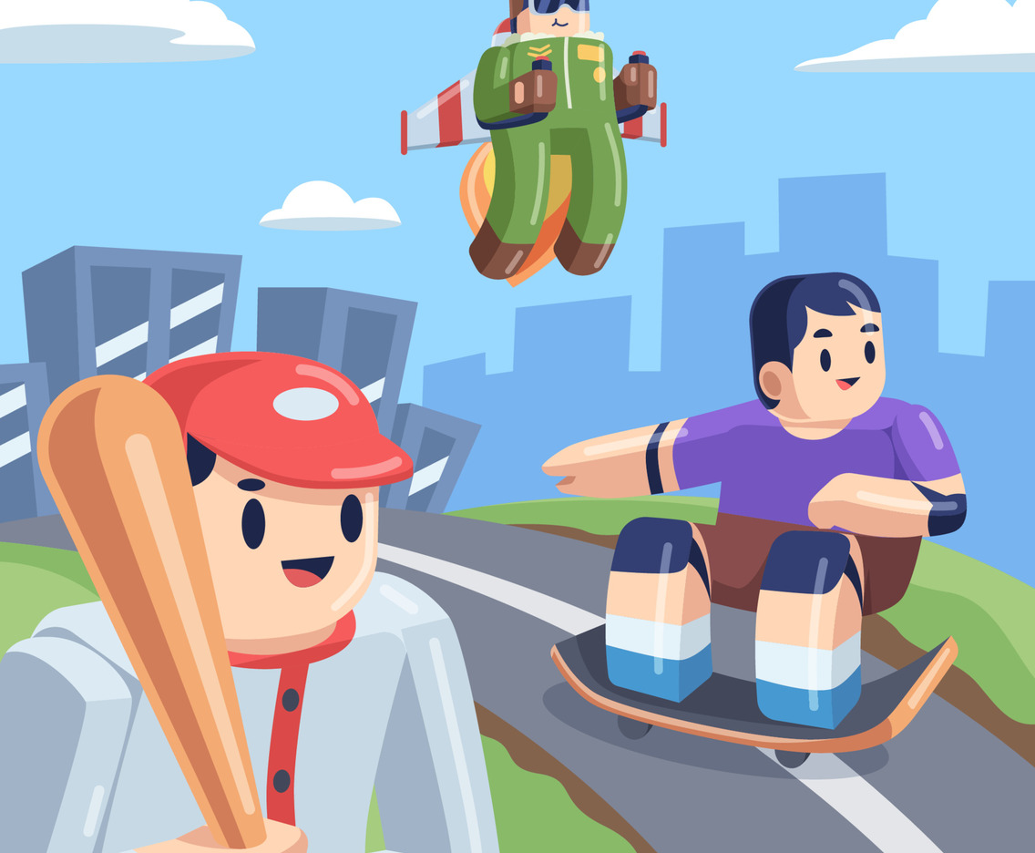 Sport Game with Jetpack Man, Skateboarder and Baseball Player