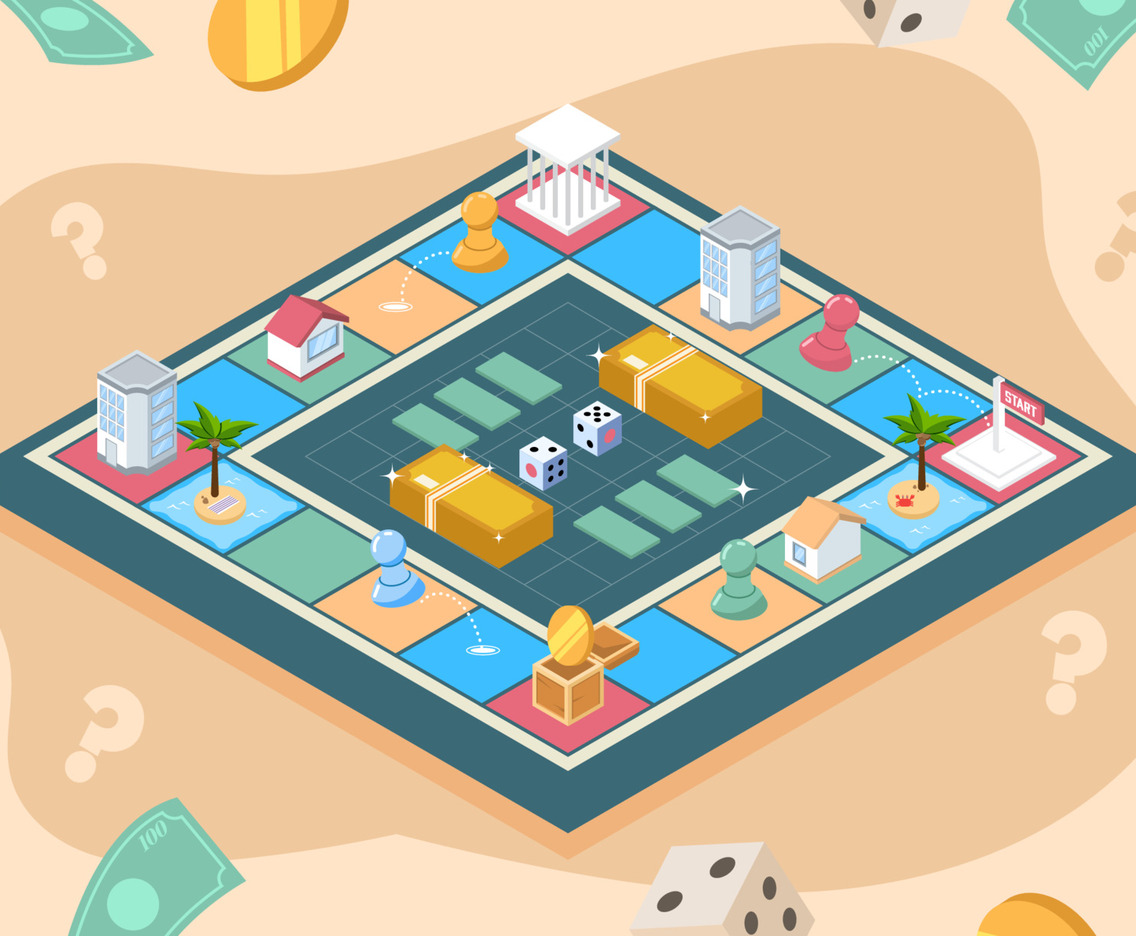 Board Game with Dice and Fake Money Background