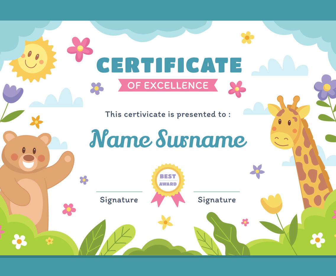 Fun Children with Animal Certificate Template Design