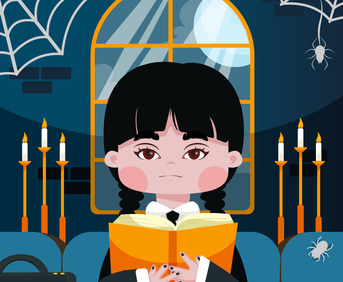 Cute Gothic Girl Reading Book in Spooky Room