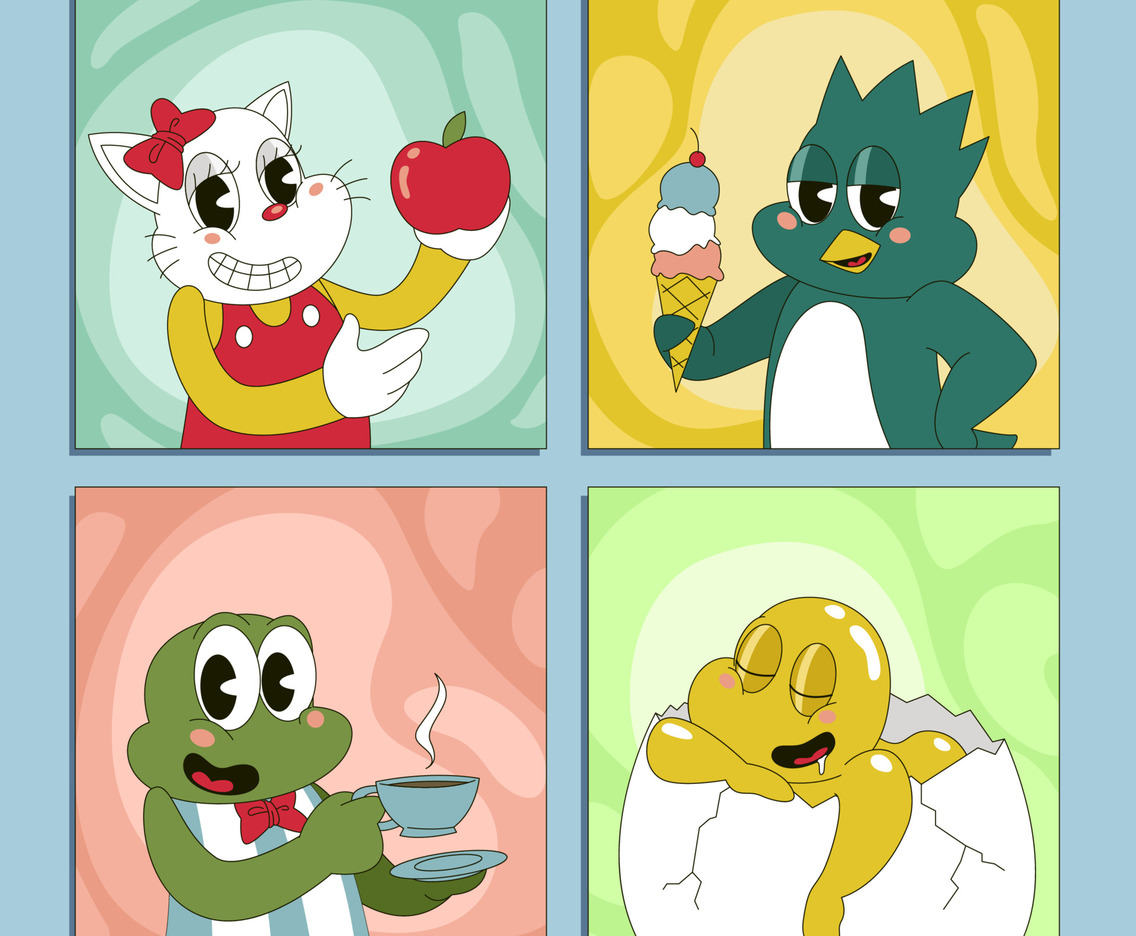 Cute Little Cat, Bird, Frog and Egg Character in Social Media Post