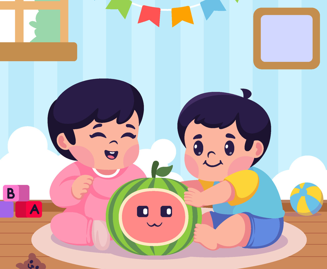 Cute Babies Playing with Watermelon Doll