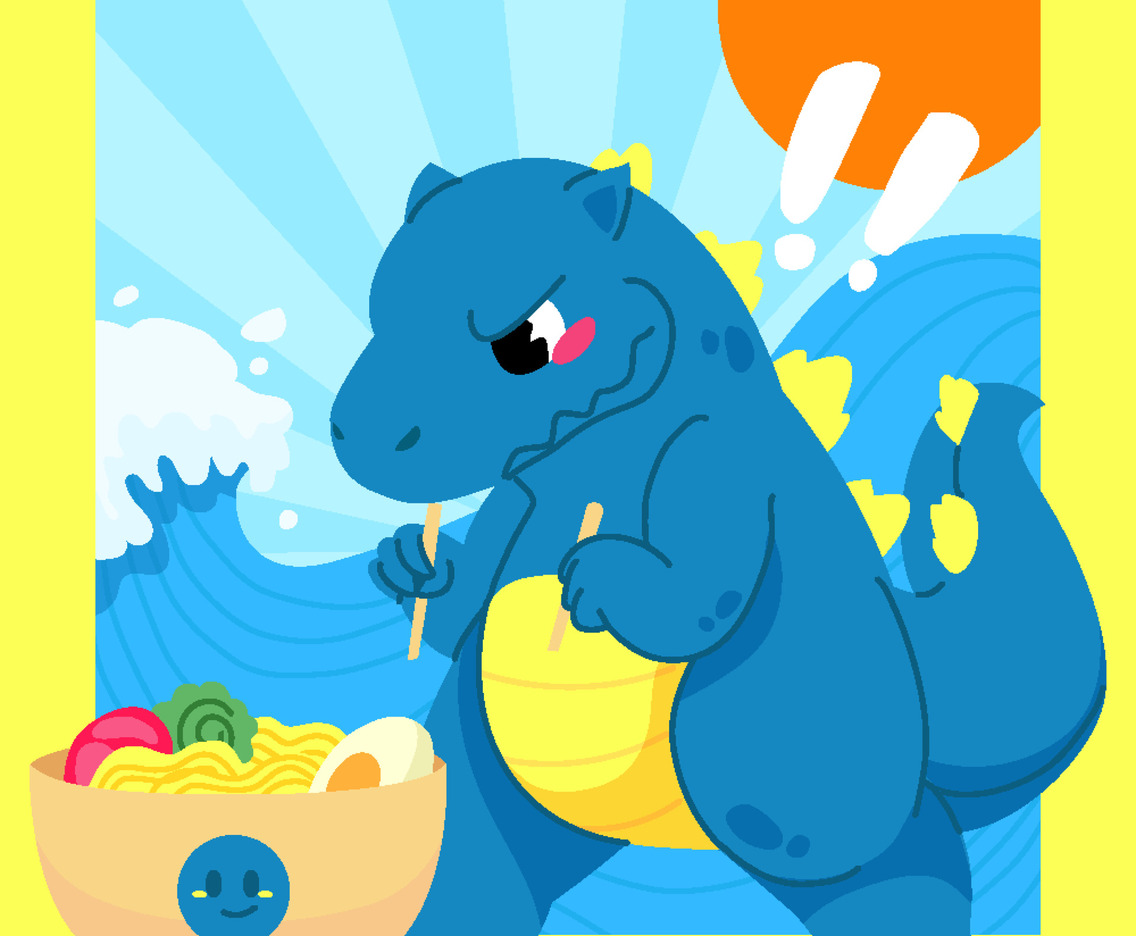 Cute Dinosaurus Eating with Chopstick