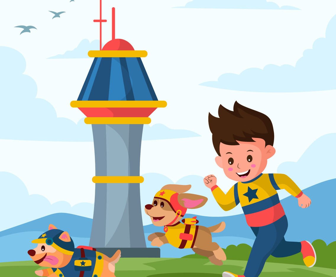 Hero Boy Running with Group of Dogs