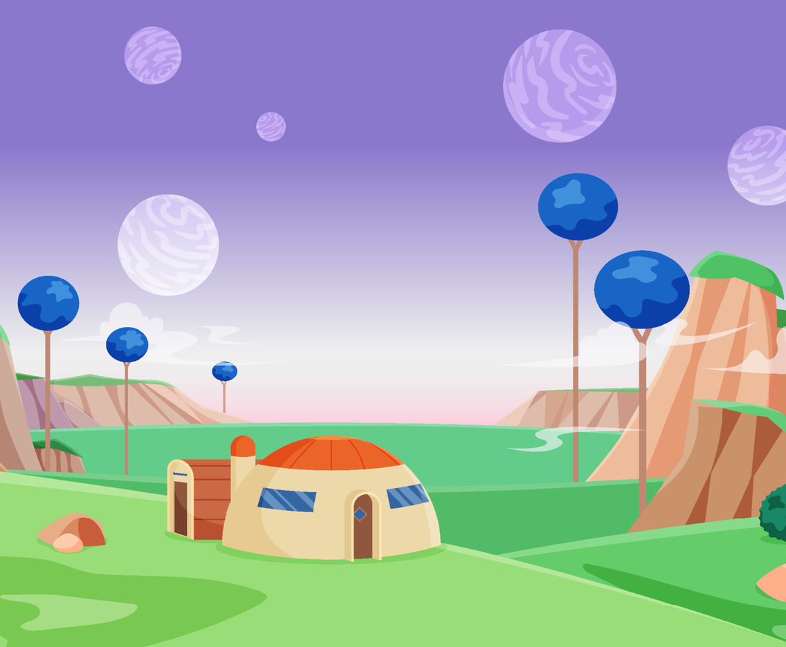 Battlefield Nature Landscape with Dome House and Planets Background