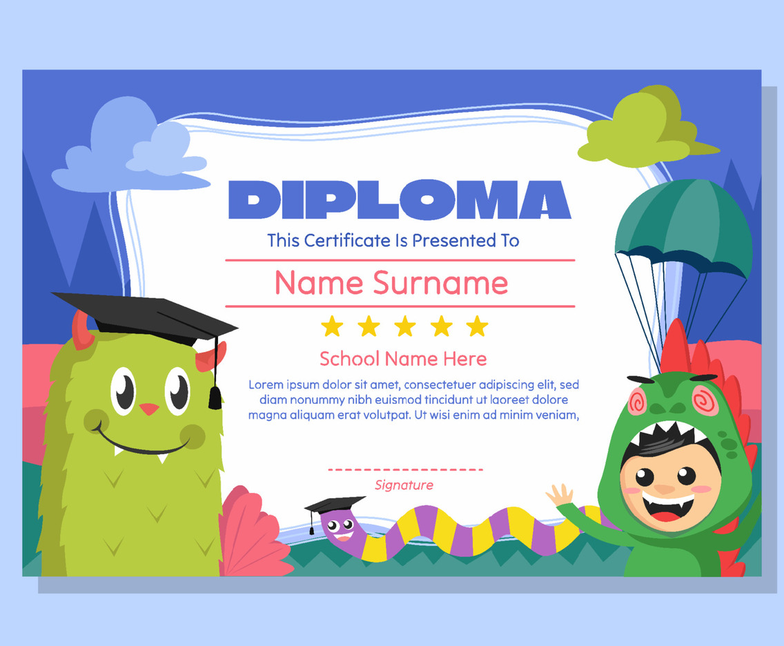 Colorful Graduation Certificate With Smiling Monster And Funny Dino Boy