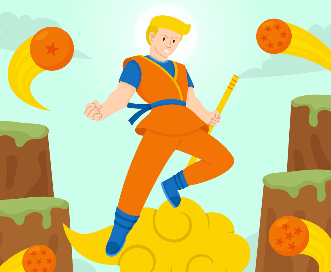 Karate Boy Riding a Flying Cloud to Collect Magic Balls Concept