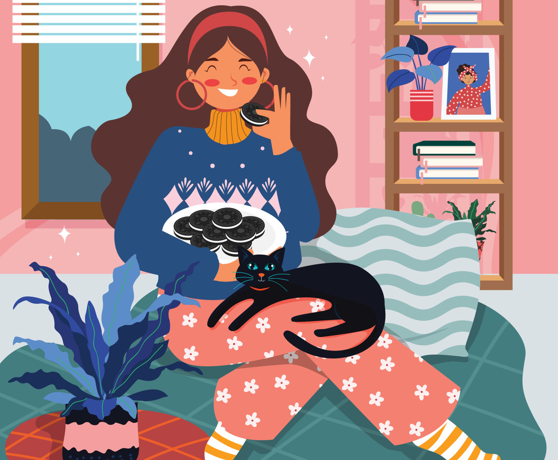 Girl Enjoying Me Time with Cookies and Cat