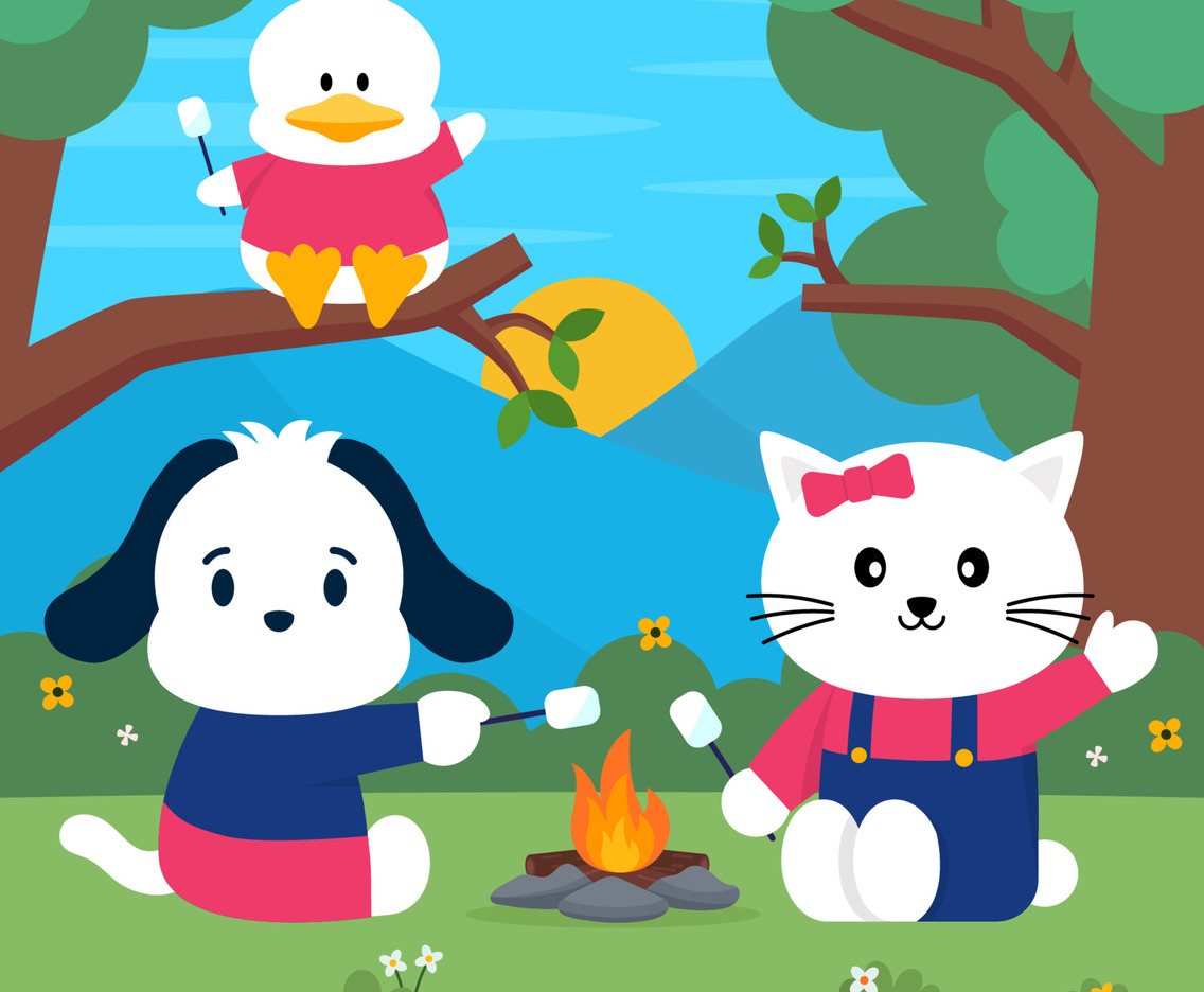 Animals at a Camp Fire Eating Marshmallow